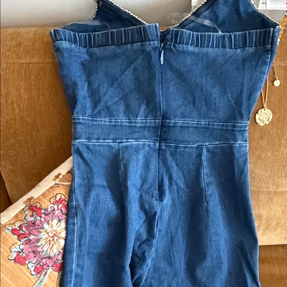 Denim Jumpsuit with Rhinestone Trim - Picture 7 of 9